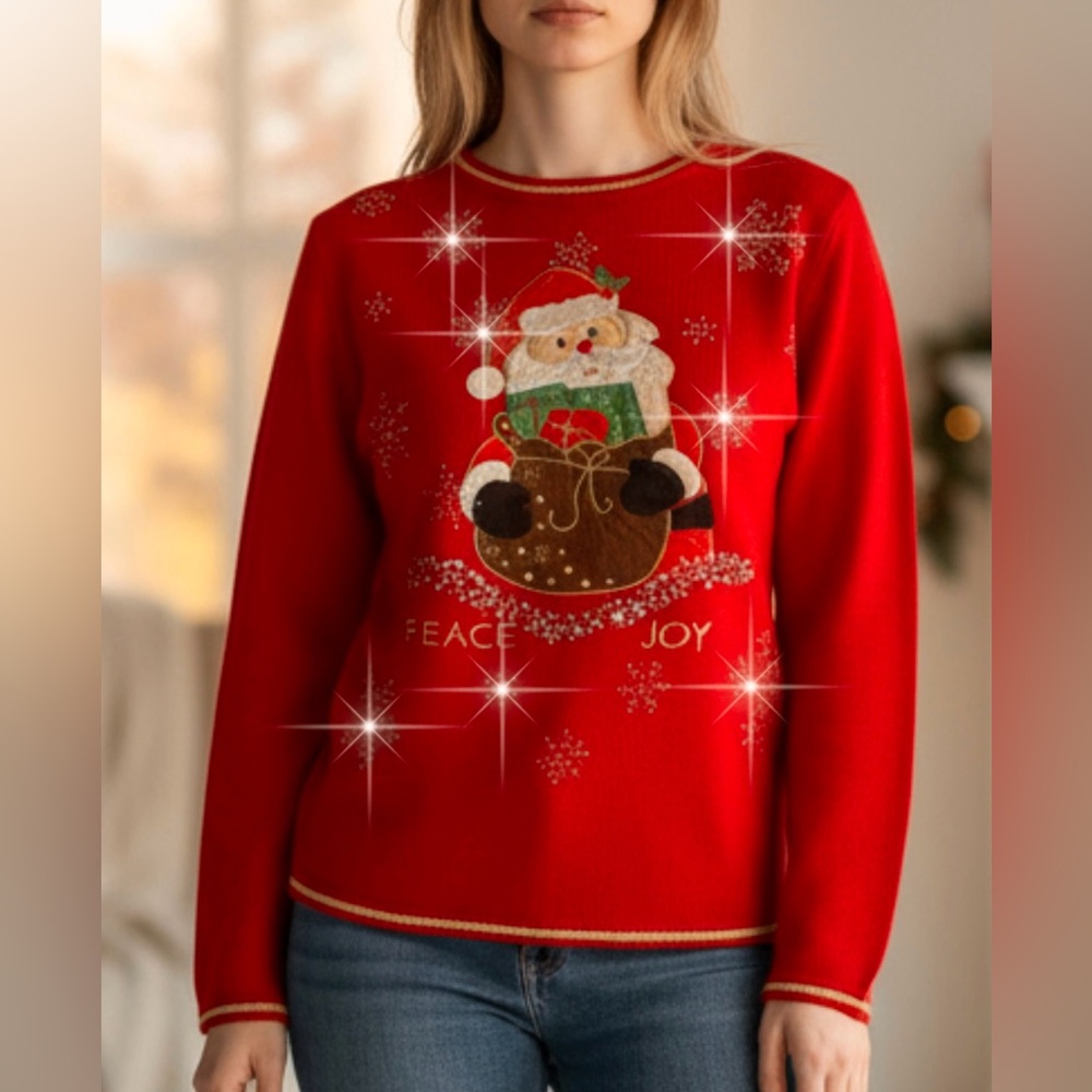 Ugly Christmas Sweater Santa Peace Joy Rhinestone Blizzard Design Sz L 12-14